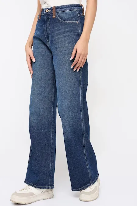 Medium Blue Solid Wide Leg Jeans